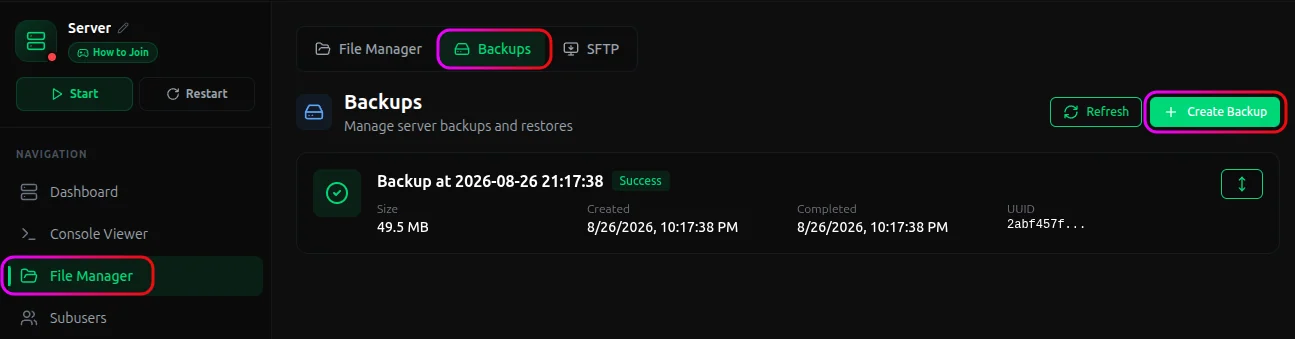 Create Backup button