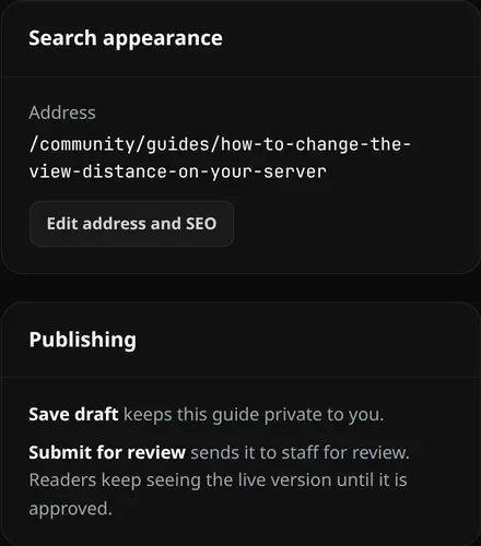 The Search appearance and Publishing panels