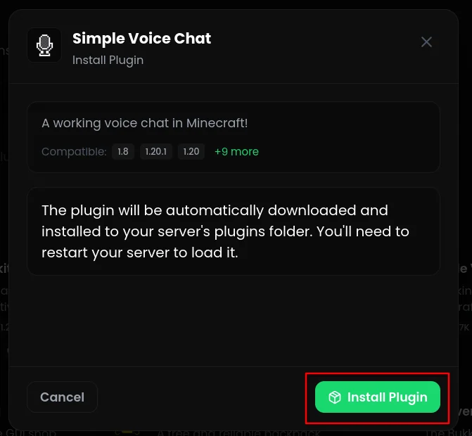 Installing Simple Voice Chat with the Install Plugin button