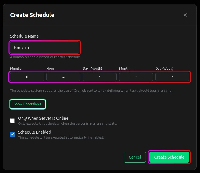 Create Schedule popup