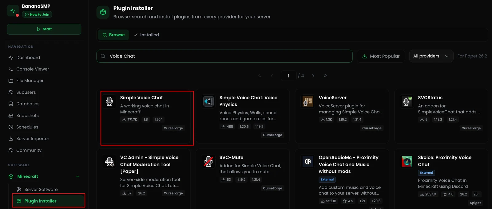 Searching for Simple Voice Chat in the Plugin Installer