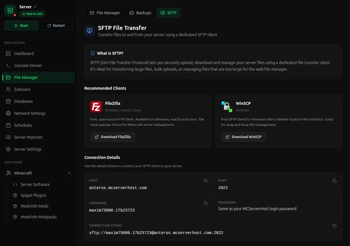 SFTP tab in File Manager