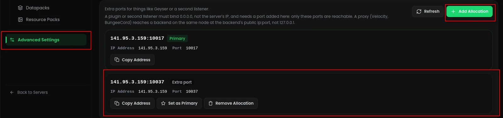 Creating an allocation under Advanced Settings