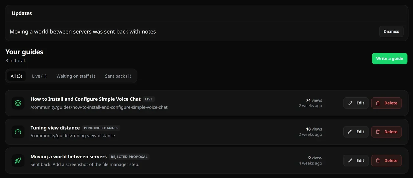 My articles with a live guide, a guide waiting on staff and a guide that was sent back